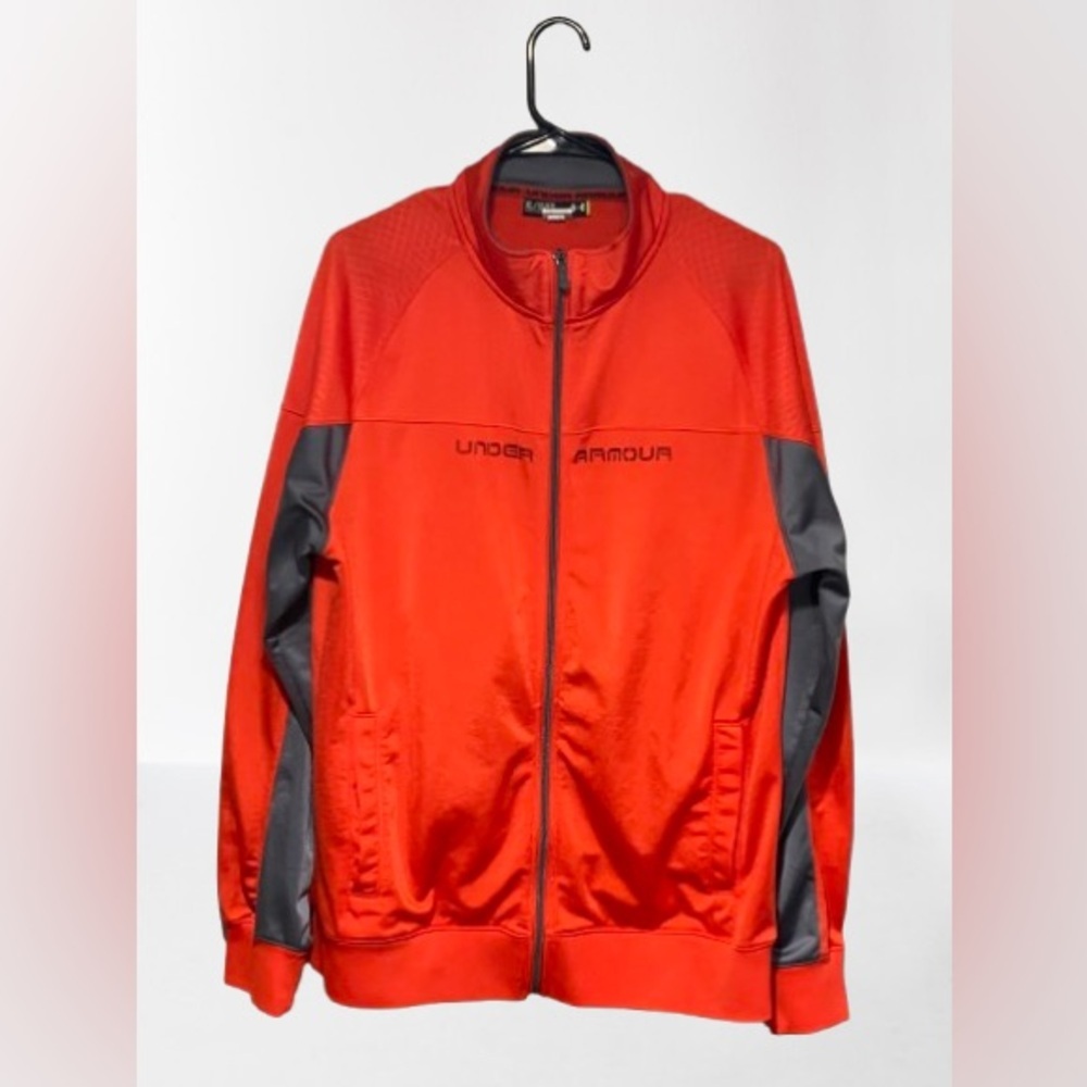 Men’s- UNDER ARMOUR Full Zip Track Jacket - US XL -Mesh Spellout Logo- Orange